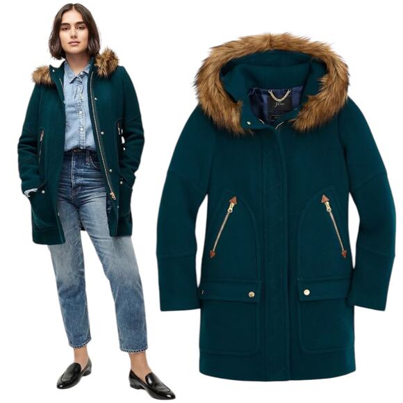 J. Crew Chateau Parka Coat Stadium Cloth Wool Midnight Green Size 4 - Picture 3 of 11